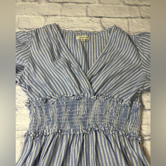 Max Studio Light Blue Striped Short Sleeve Dress. VNeck. Midi Length. - Picture 3 of 10